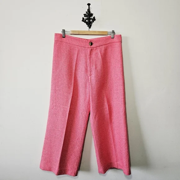 Zara Tweed Textured Wide Leg Cropped Pants Size XL Pink EUC - Picture 3 of 6